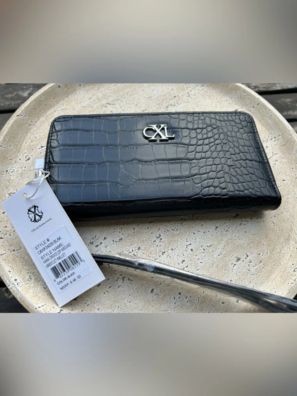 Christian‎ Lacroix Black Croc-Embossed Wristlet Clutch with Silver Hardware